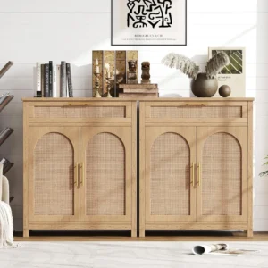 Set of 2 Rattan Accent Storage Cabinet,  4 Doors, Bathroom Storage Cabinet