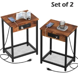 Nightstands with Charging Station & USB Ports,2 Tier Narrow Side Tables Bedroom with Storage Shelf