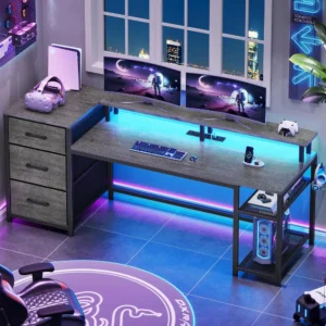 59" Desk with Drawers Desk with File Drawers, Storage and LED Lights