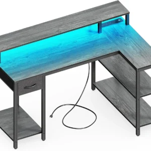 47 inch Reversible L Shaped Desk with LED Lights & Power Outlets,