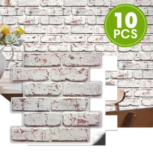 10pcs 3D Self-adhesive Panels, Whitewash Brick Wall Stickers