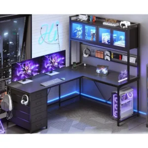 Desk, L Shaped Gaming Desk with Drawers , Hutch and Storage Shelves,