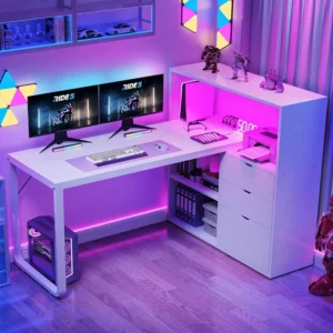 Desk with Drawers, 55" Corner Computer Desk with Bookshelf & Power Outlets , White