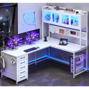L-shaped Computer Desk with Storage Shelves, Pegboard, LED Lights and Sockets.