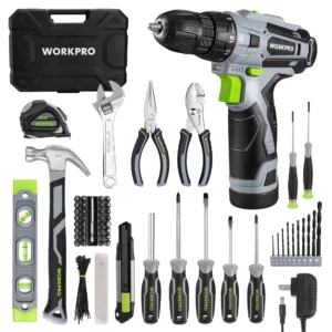 WORKPRO , 108PCS Power Home Tool Set with 12V 1.5 Ah Battery Powered Screwdriver and Tool Box